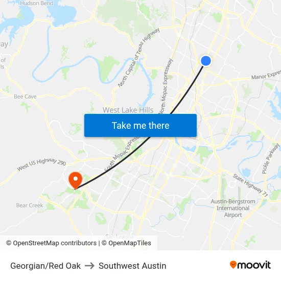 Georgian/Red Oak to Southwest Austin map