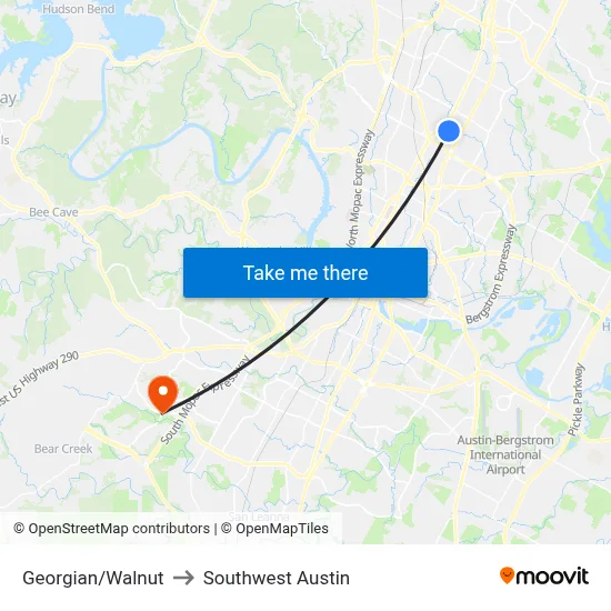 Georgian/Walnut to Southwest Austin map