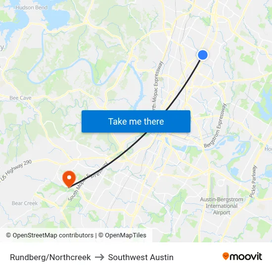 Rundberg/Northcreek to Southwest Austin map