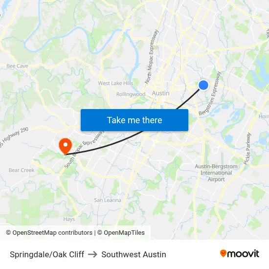 Springdale/Oak Cliff to Southwest Austin map