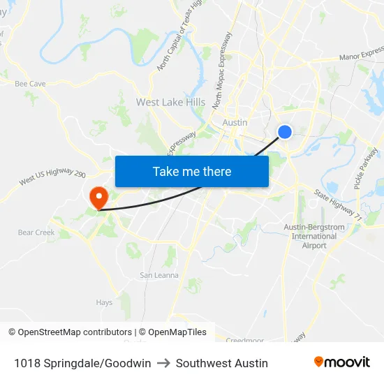 1018 Springdale/Goodwin to Southwest Austin map