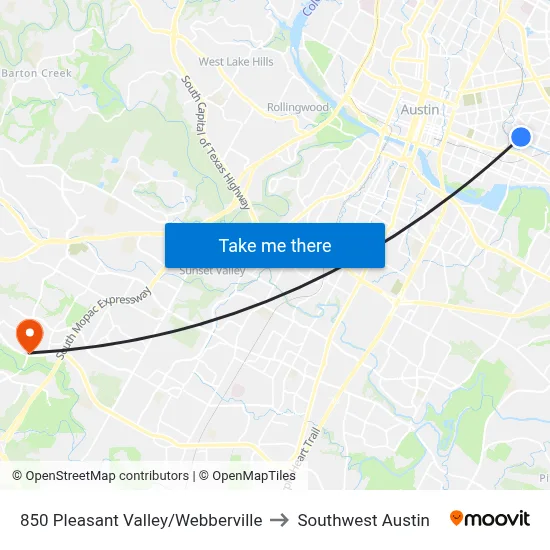 850 Pleasant Valley/Webberville to Southwest Austin map