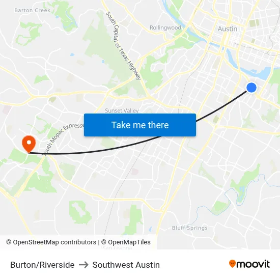 Burton/Riverside to Southwest Austin map