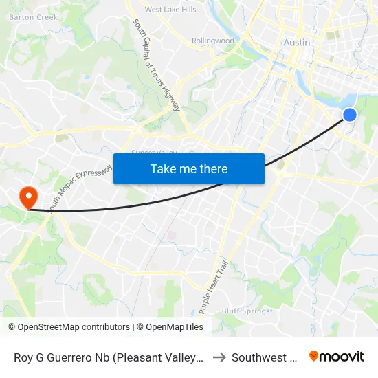 Roy G Guerrero Nb (Pleasant Valley/Lakeshore) to Southwest Austin map