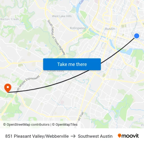 851 Pleasant Valley/Webberville to Southwest Austin map