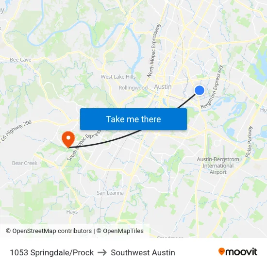 1053 Springdale/Prock to Southwest Austin map