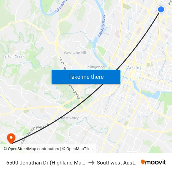 6500 Jonathan Dr (Highland Mall) to Southwest Austin map