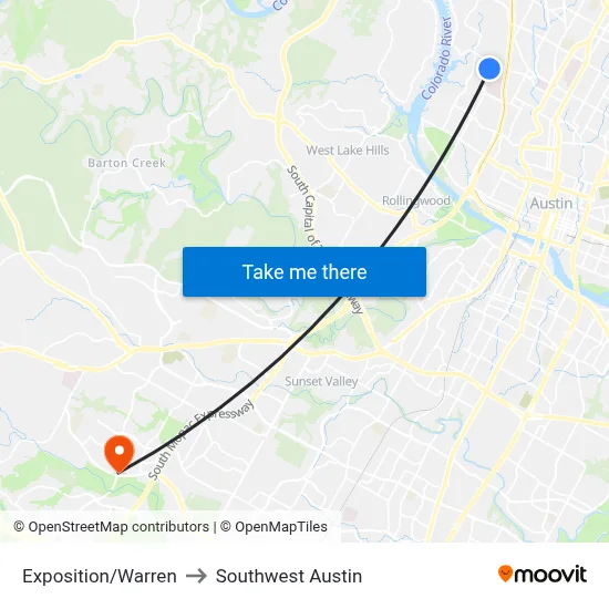 Exposition/Warren to Southwest Austin map