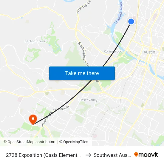 2728 Exposition (Casis Elementary) to Southwest Austin map