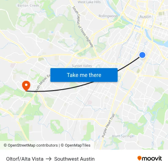 Oltorf/Alta Vista to Southwest Austin map