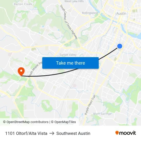 1101 Oltorf/Alta Vista to Southwest Austin map