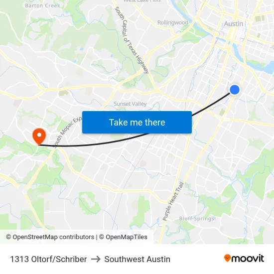 1313 Oltorf/Schriber to Southwest Austin map
