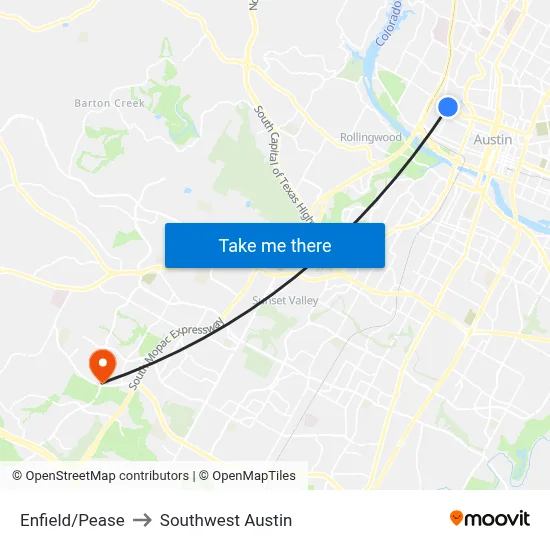 Enfield/Pease to Southwest Austin map