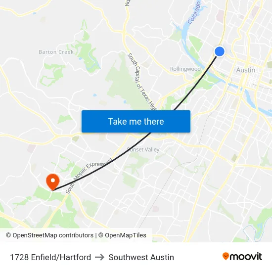 1728 Enfield/Hartford to Southwest Austin map