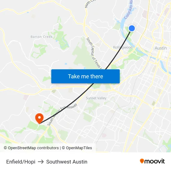 Enfield/Hopi to Southwest Austin map