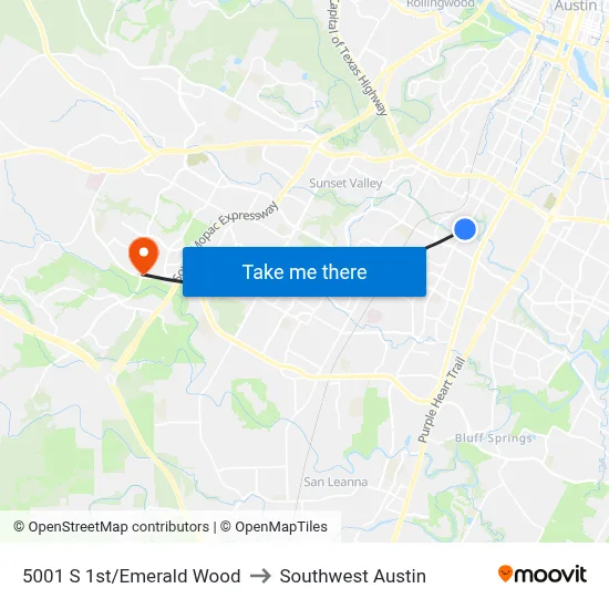 5001 S 1st/Emerald Wood to Southwest Austin map