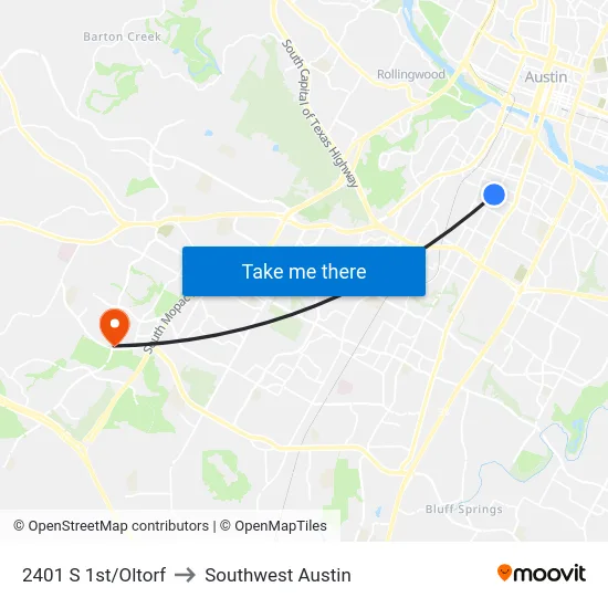 2401 S 1st/Oltorf to Southwest Austin map
