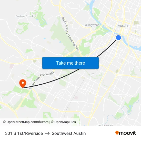 301 S 1st/Riverside to Southwest Austin map