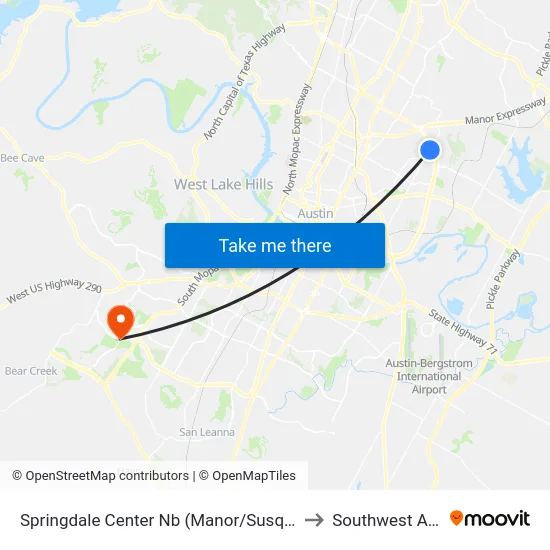 Springdale Center Nb (Manor/Susquehanna) to Southwest Austin map