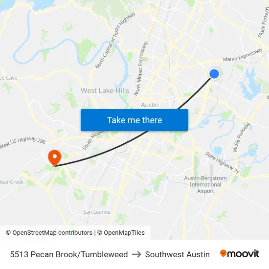 5513 Pecan Brook/Tumbleweed to Southwest Austin map