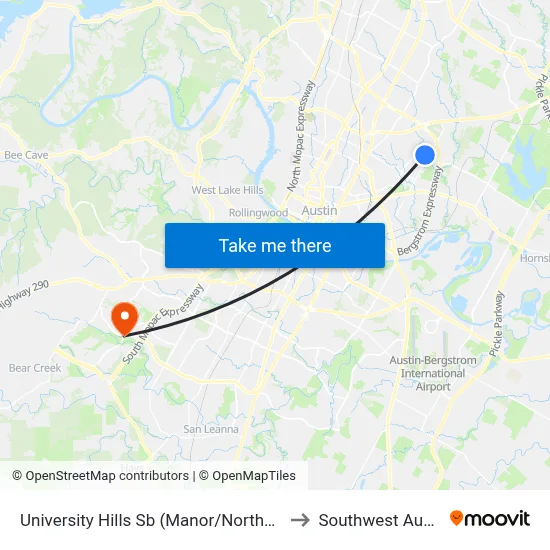University Hills Sb (Manor/Northeast) to Southwest Austin map