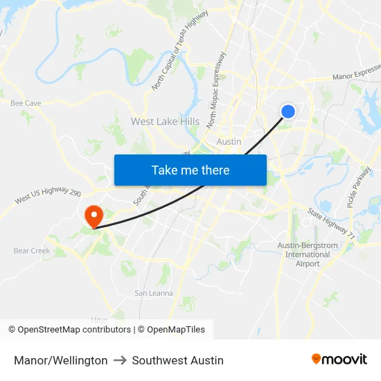 Manor/Wellington to Southwest Austin map