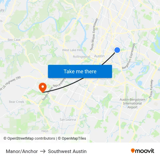 Manor/Anchor to Southwest Austin map