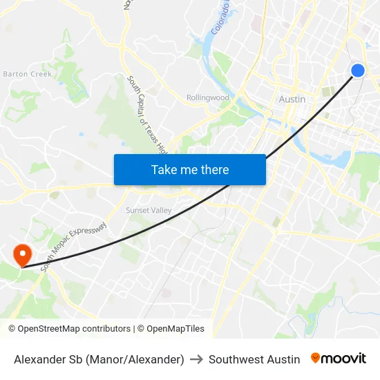 Alexander Sb (Manor/Alexander) to Southwest Austin map