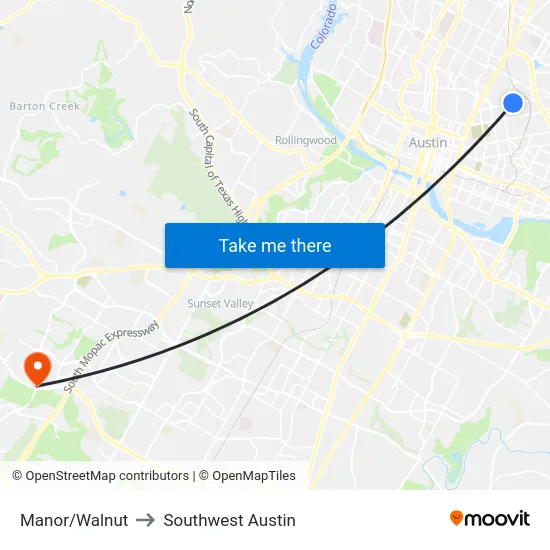 Manor/Walnut to Southwest Austin map