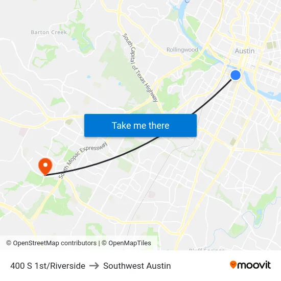 400 S 1st/Riverside to Southwest Austin map