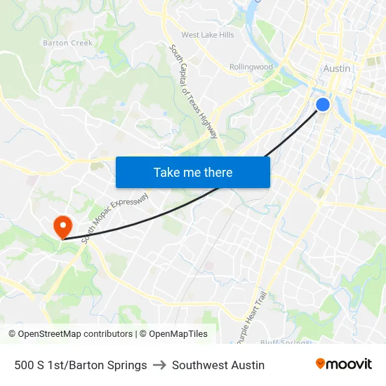 500 S 1st/Barton Springs to Southwest Austin map