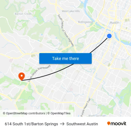614 South 1st/Barton Springs to Southwest Austin map