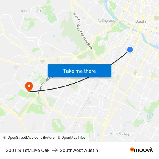 2001 S 1st/Live Oak to Southwest Austin map