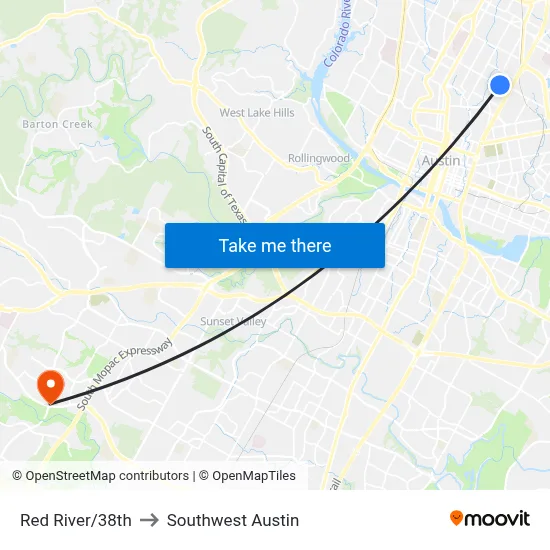 Red River/38th to Southwest Austin map
