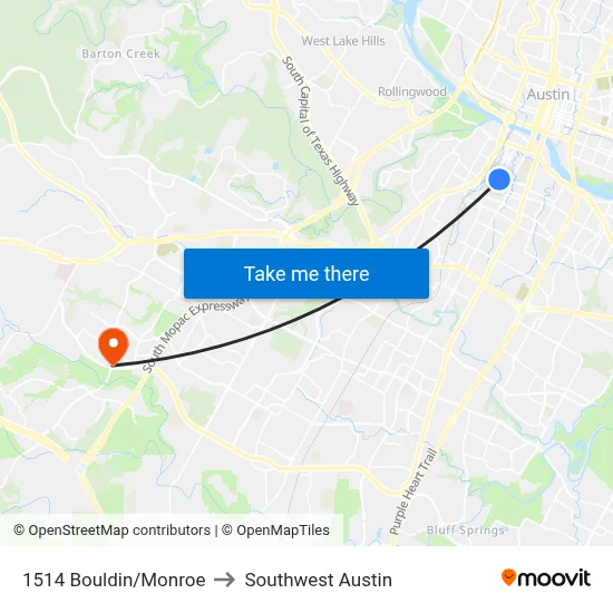 1514 Bouldin/Monroe to Southwest Austin map