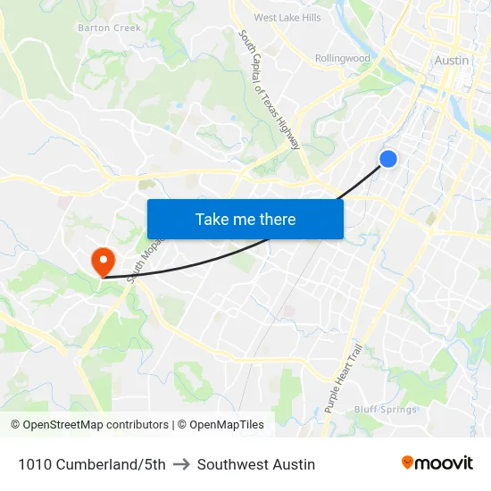 1010 Cumberland/5th to Southwest Austin map