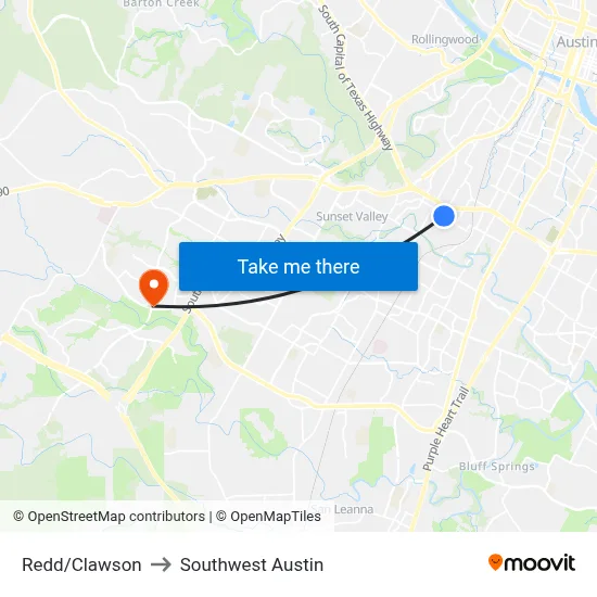 Redd/Clawson to Southwest Austin map