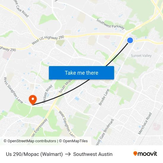 Us 290/Mopac (Walmart) to Southwest Austin map