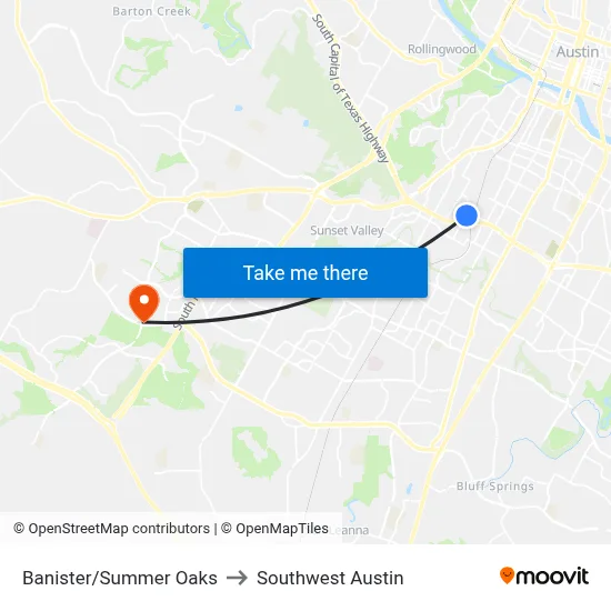 Banister/Summer Oaks to Southwest Austin map
