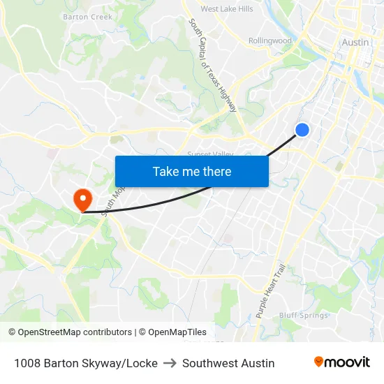 1008 Barton Skyway/Locke to Southwest Austin map