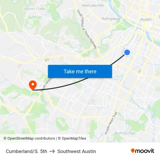 Cumberland/S. 5th to Southwest Austin map