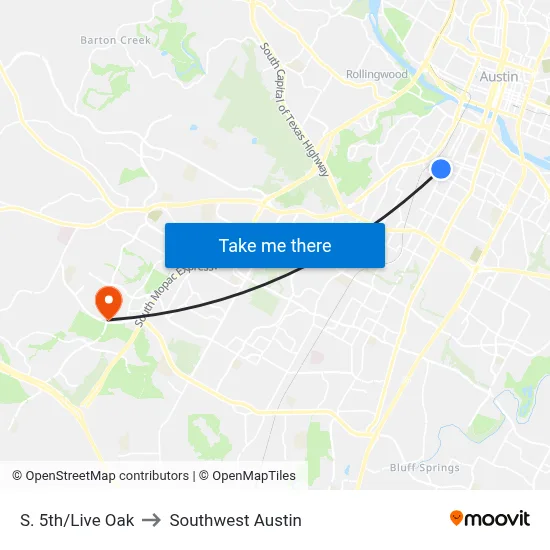 S. 5th/Live Oak to Southwest Austin map
