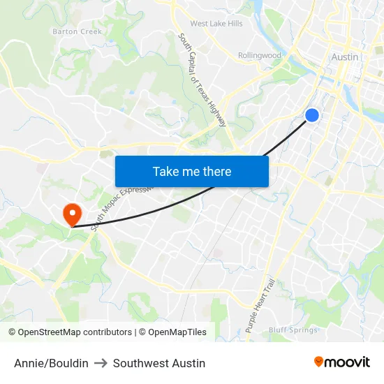 Annie/Bouldin to Southwest Austin map