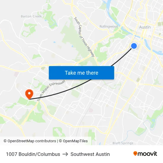 1007 Bouldin/Columbus to Southwest Austin map