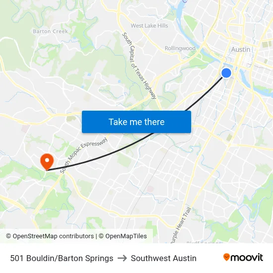 501 Bouldin/Barton Springs to Southwest Austin map