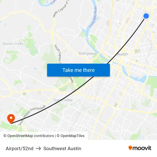Airport/52nd to Southwest Austin map