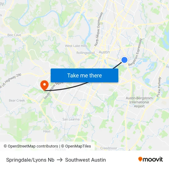 Springdale/Lyons Nb to Southwest Austin map