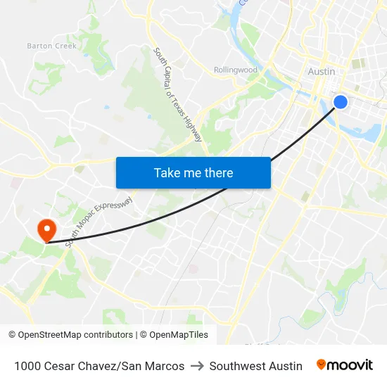 1000 Cesar Chavez/San Marcos to Southwest Austin map