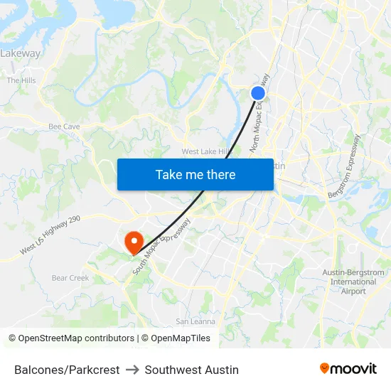 Balcones/Parkcrest to Southwest Austin map
