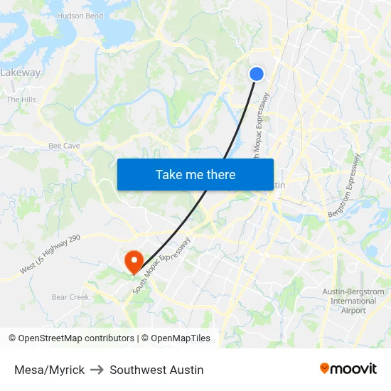 Mesa/Myrick to Southwest Austin map